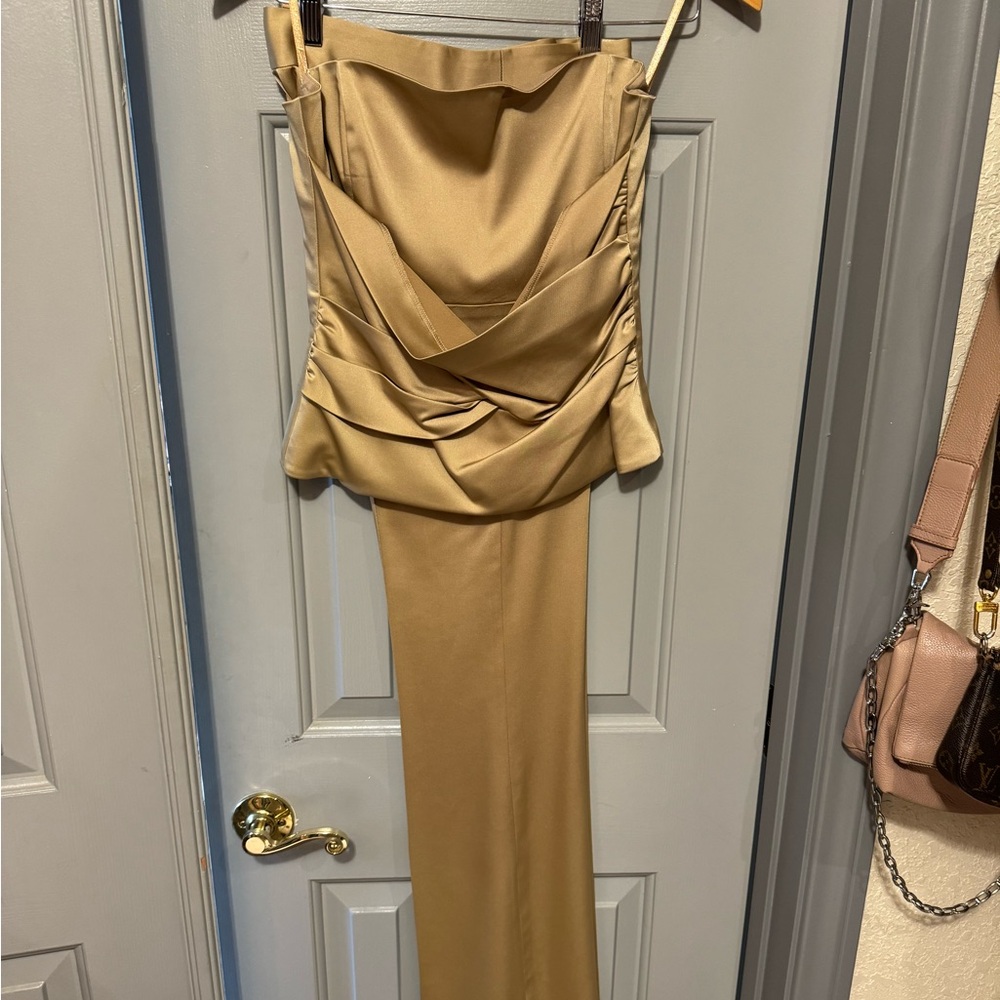 Two piece bustiers and satin flare leg pants
